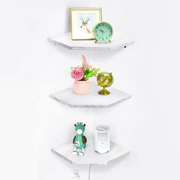 Set of 3 Floating Corner Shelves, White-Gray Wall Mounted Wood Shelves