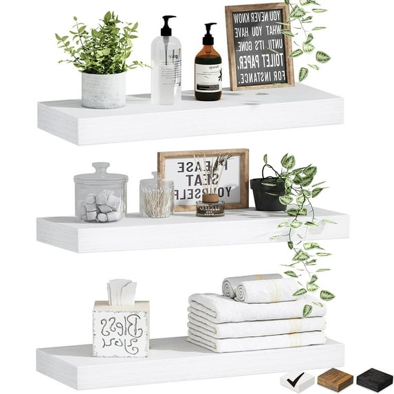 Set of 3 Floating Shelves W/Invisible Brackets, 16 Inch White Rustic Wood Wall-Mounted Hanging Shelf for Decor & Storage for Kitchen Bedroom Bathroom