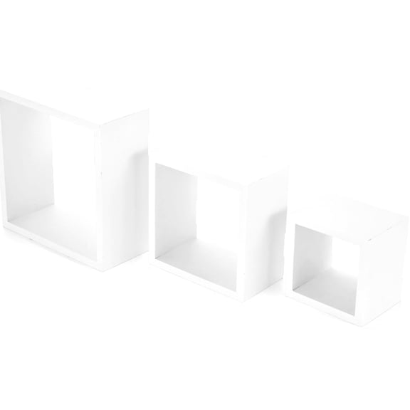 Set of 3 Floating Square Wall Shelves, White MDF Wood Display Shelving, 5 7 9 Inch Sizes for Living Room Bedroom Decor