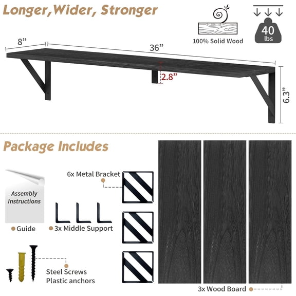Set of 3 Floating Wall Shelves, 36"x8" Large Heavy Duty Shelf for Bedroom Books, Living Room, Office, Kitchen, Closet Organizers, Black