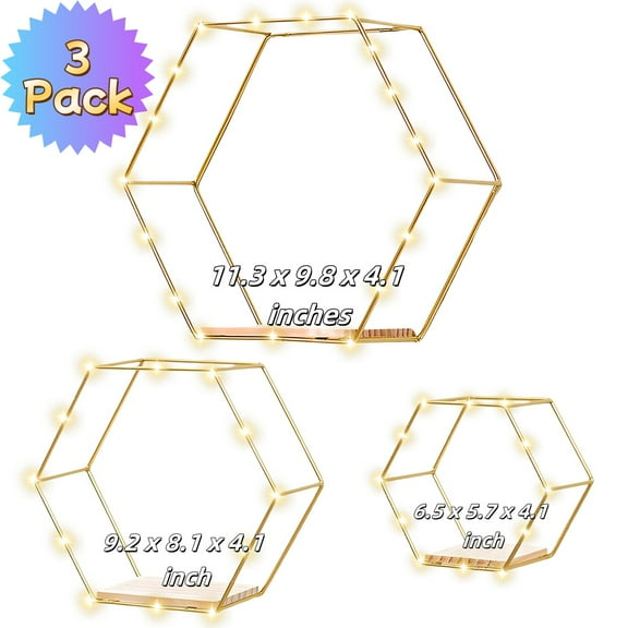 Kabuer Floating Wood Shelves with LED Lights, Wall Mounted Shelves, Set of 3