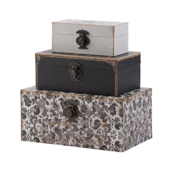 Set of 3 Floral Decorative Storage Boxes with Distressed Silver Edges