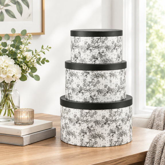 Set of 3 Floral Print Round Storage Boxes with Lids, Nesting Hat Boxes for Home Organization