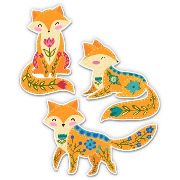 Set of 3 Foxes Cute Ornate - 2.5" Each Vinyl Stickers - For Car Laptop Water Bottle Phone - Waterproof Decals
