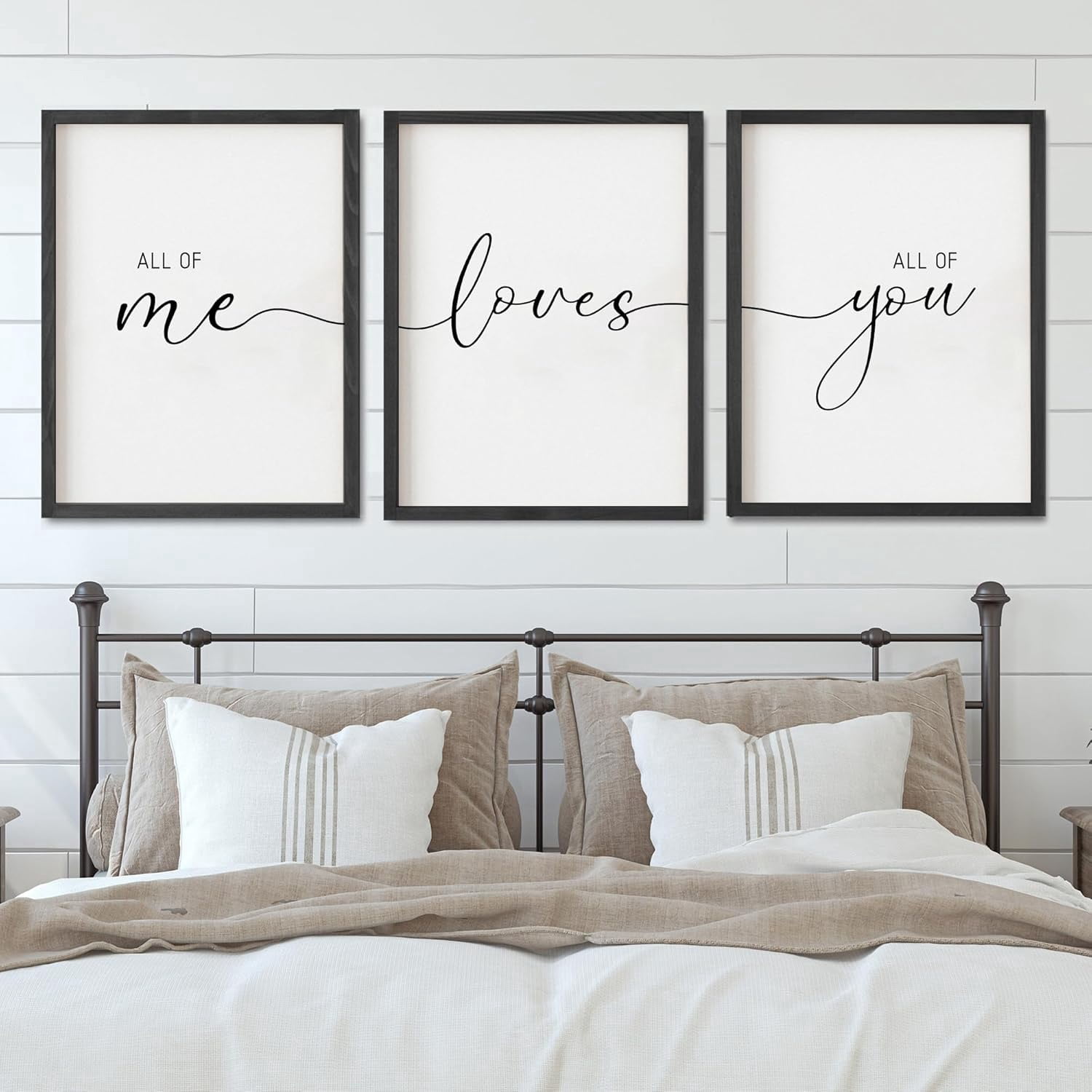 Set of 3 Framed Farmhouse All of Me Loves All of You Sign 11x14” Above Bed Wall Decor for Bedroom Decor Wall Art Wood Signs (Black, 16"x24")