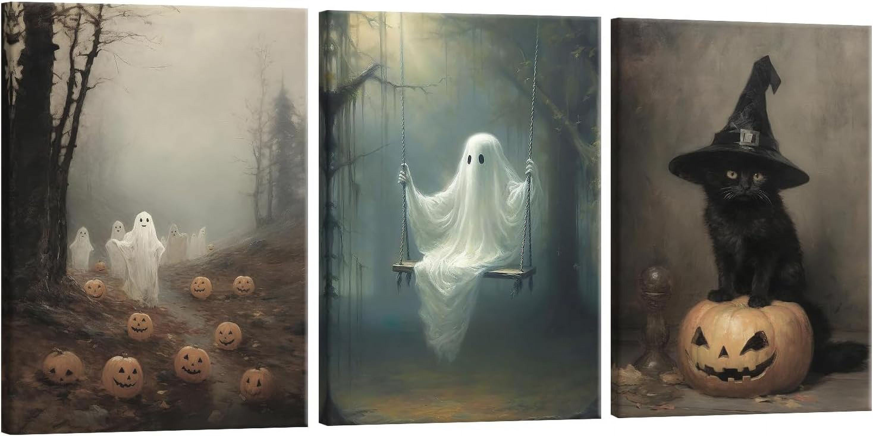 Set of 3 Framed Halloween Gothic Poster Spooky Wall Art Ghost Canvas ...