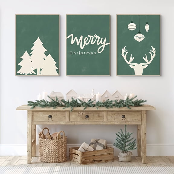 Set of 3 Frameless Canvas Prints - Modern Christmas Tree and Reindeer Wall Art Posters for Living Room and Bedroom Holiday Decoration
