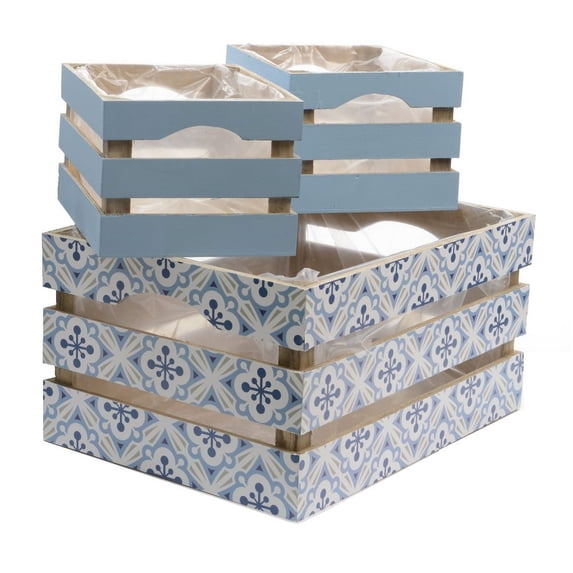 Set of 3 French Countryside Blue Rectangular Wooden Decorative Storage Box Nesting Crates 13.5"