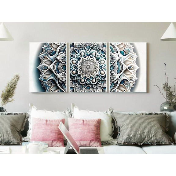 Set of 3 Frosted Elegance Wall Art, Winter Mandala Triptych Prints, Icy Floral Decor, Cool Tone Geometric Gallery Set, Stretched Canvas