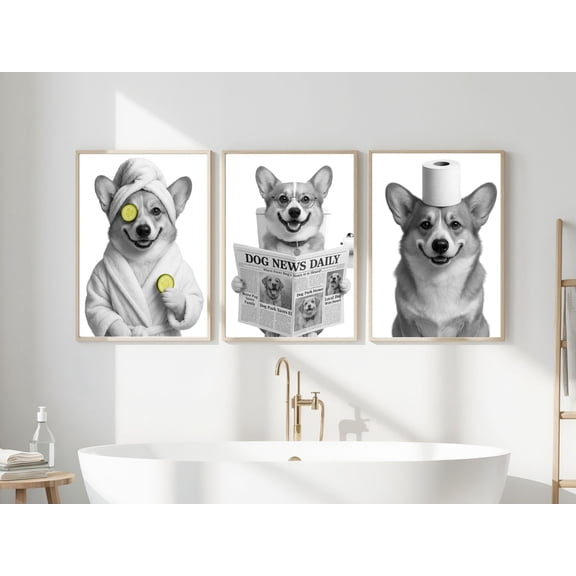 Set of 3 Funny Pembroke Welsh Corgi Bathroom Prints, Wall Art, Bathroom art, Bathroom Wall Decor, Pembroke in Toilet, Poster Only
