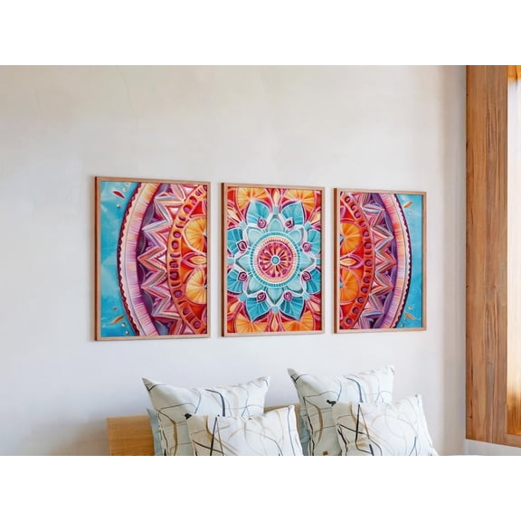 Set of 3 Geometric Fan Wall Art, Teardrop Motif Mandala Triptych Prints, Ornate Floral Decor, Intricate Pattern Gallery Set, Stretched Canvas