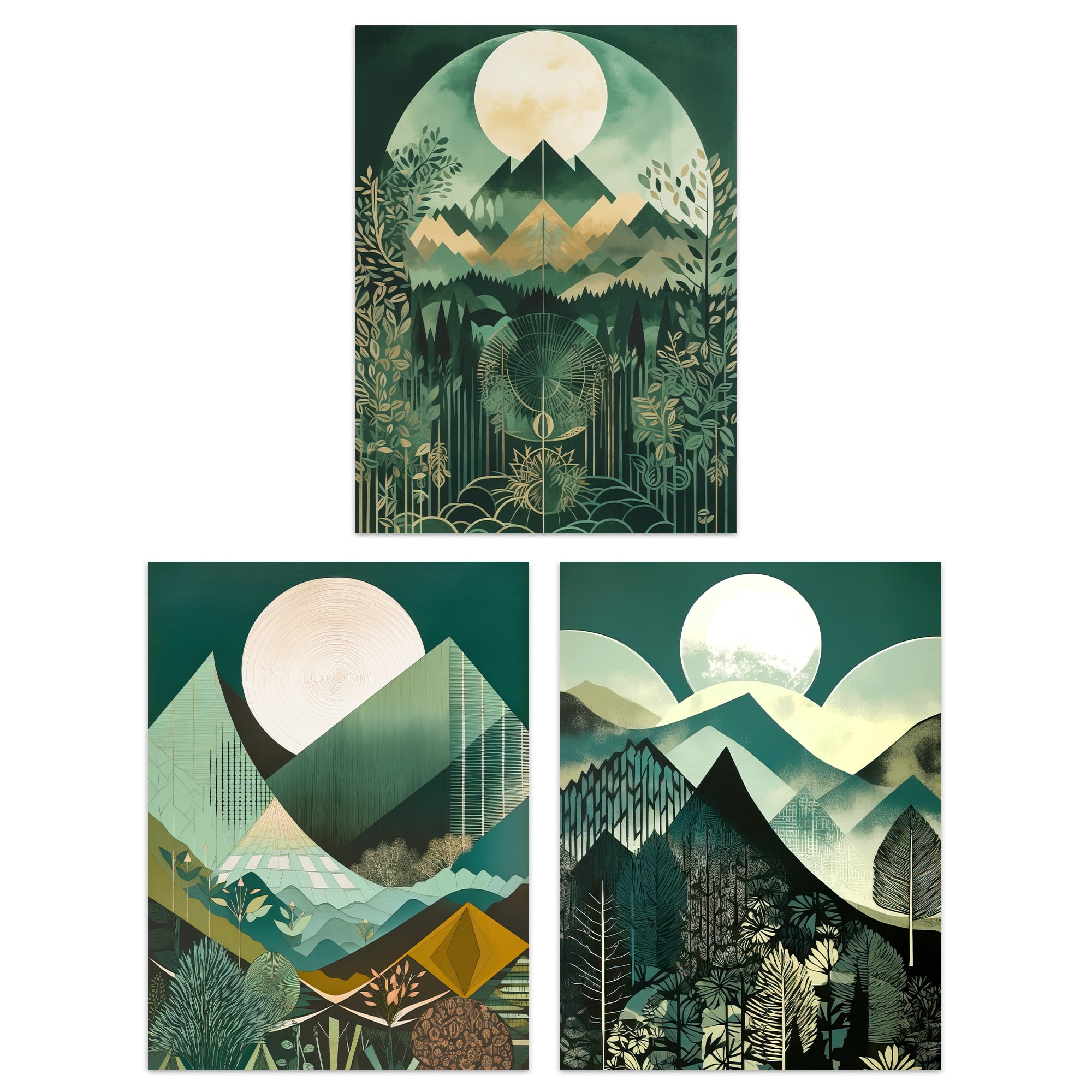 Set of 3 Geometric Forest Mountain Landscape Boho Art Deco Tan Teal Green  Full Moon Sunrise Artworks Unframed Wall Art Living Room Poster Prints Pack  - Walmart.com, image size:2000x2000