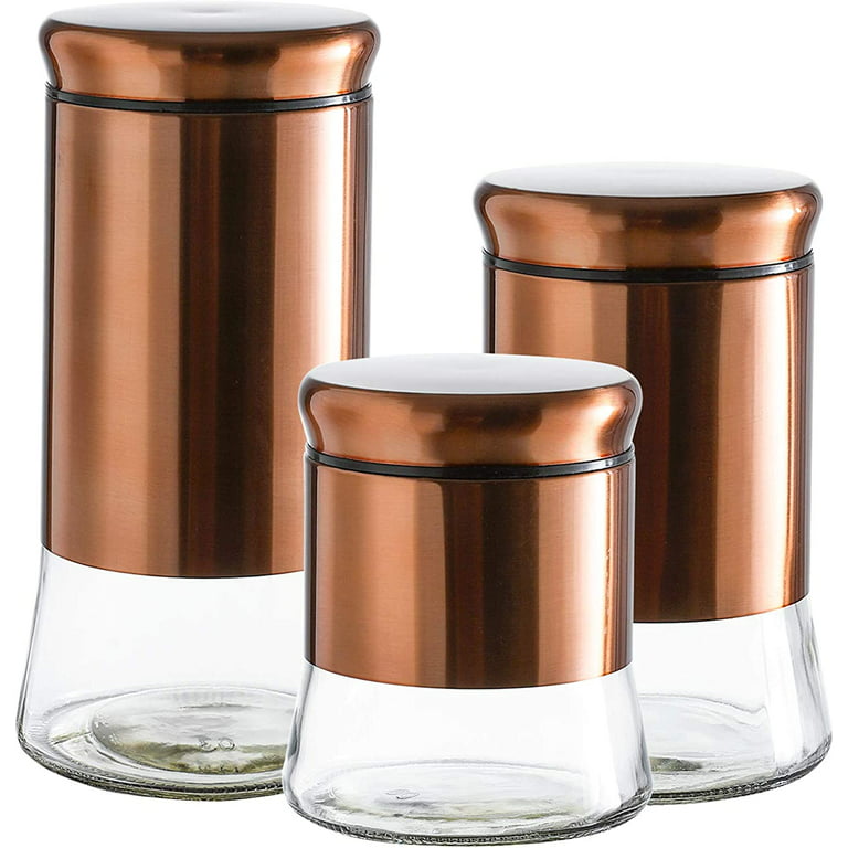 Whole Housewares Set of 3 Glass Canisters with Bronze Stainless Steel Cover and Lids,28/38/50 Ounce