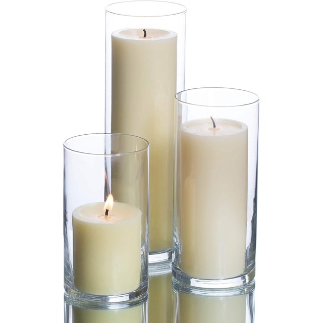 Set of 3 Glass Cylinder Vases and 3 Pillar Candles 3"
