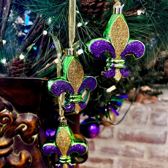 Set of 3 Glitter Fleur de Lis Mini Ornaments, New Orleans Mardi Gras Decor, Holiday Tree Hanging Ornament