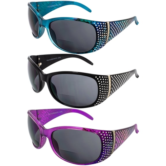 Set of 3 Global Vision Galaxy Womens Bifocal Fashion Motorcycle Sunglasses Blue Black & Lavender Frames 2.5 Magnification Smoke Lenses