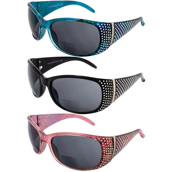 Set of 3 Global Vision Galaxy Womens Bifocal Fashion Motorcycle Sunglasses Blue Black & Pink Frames 2.5 Magnification Smoke Lenses