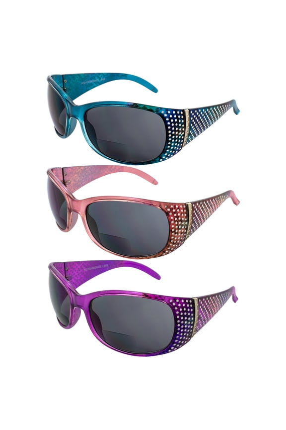 Set of 3 Global Vision Galaxy Womens Bifocal Fashion Motorcycle Sunglasses Blue Pink & Lavender Frames 2.5 Magnification Smoke Lenses