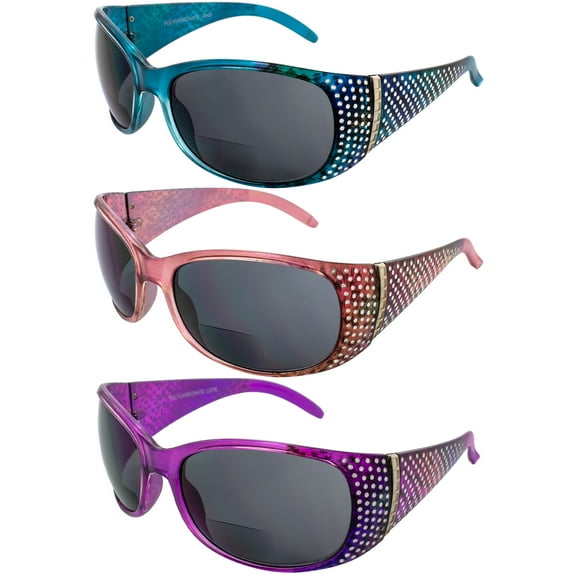 Set of 3 Global Vision Galaxy Womens Bifocal Fashion Motorcycle Sunglasses Blue Pink & Lavender Frames 3.0 Magnification Smoke Lenses