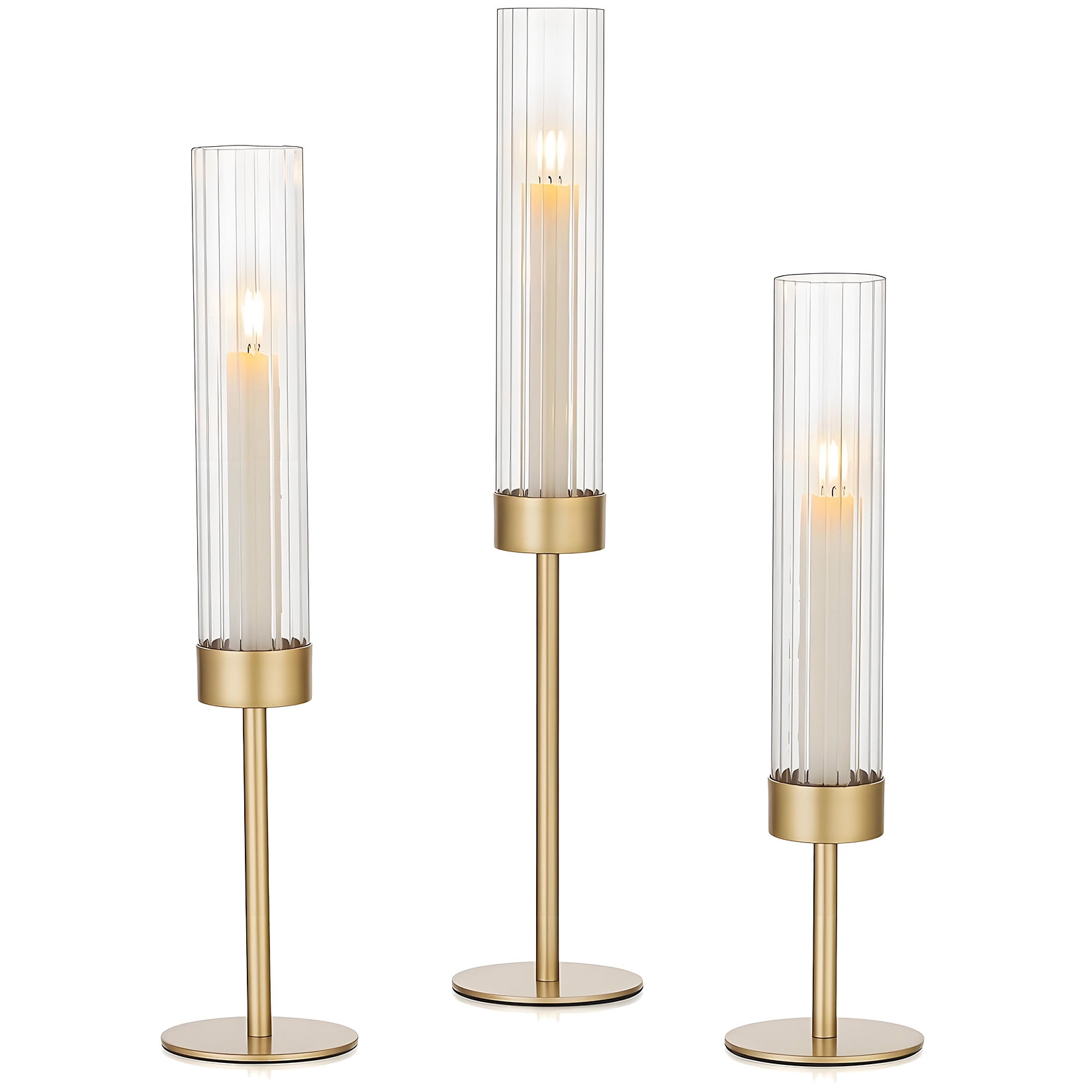 Set of 3 Gold Hurricane Candle Holders with Ribbed Glass Sleeves - Tall ...
