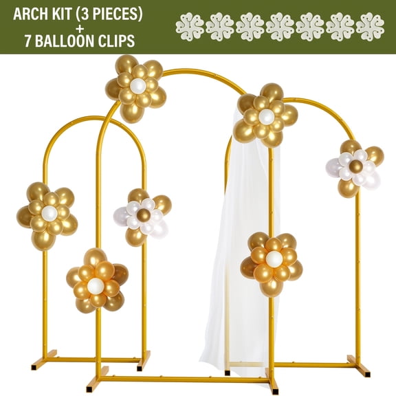 Set of 3 Gold Metal Square Arch Backdrop Stands (7.2/6.6/6ft), for Wedding, Birthday, Graduation & Party Decor