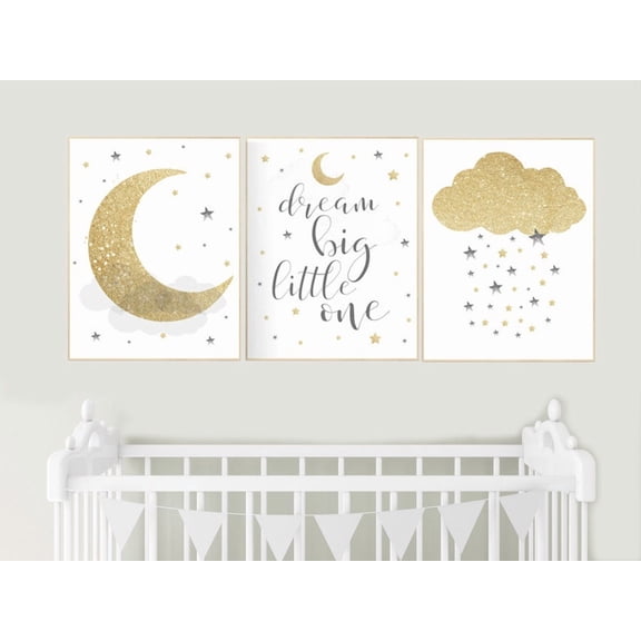 Set of 3 Gold and Grey Moon and Stars Nursery Poster Set Gender Neutral Baby Room Decor, Poster Only