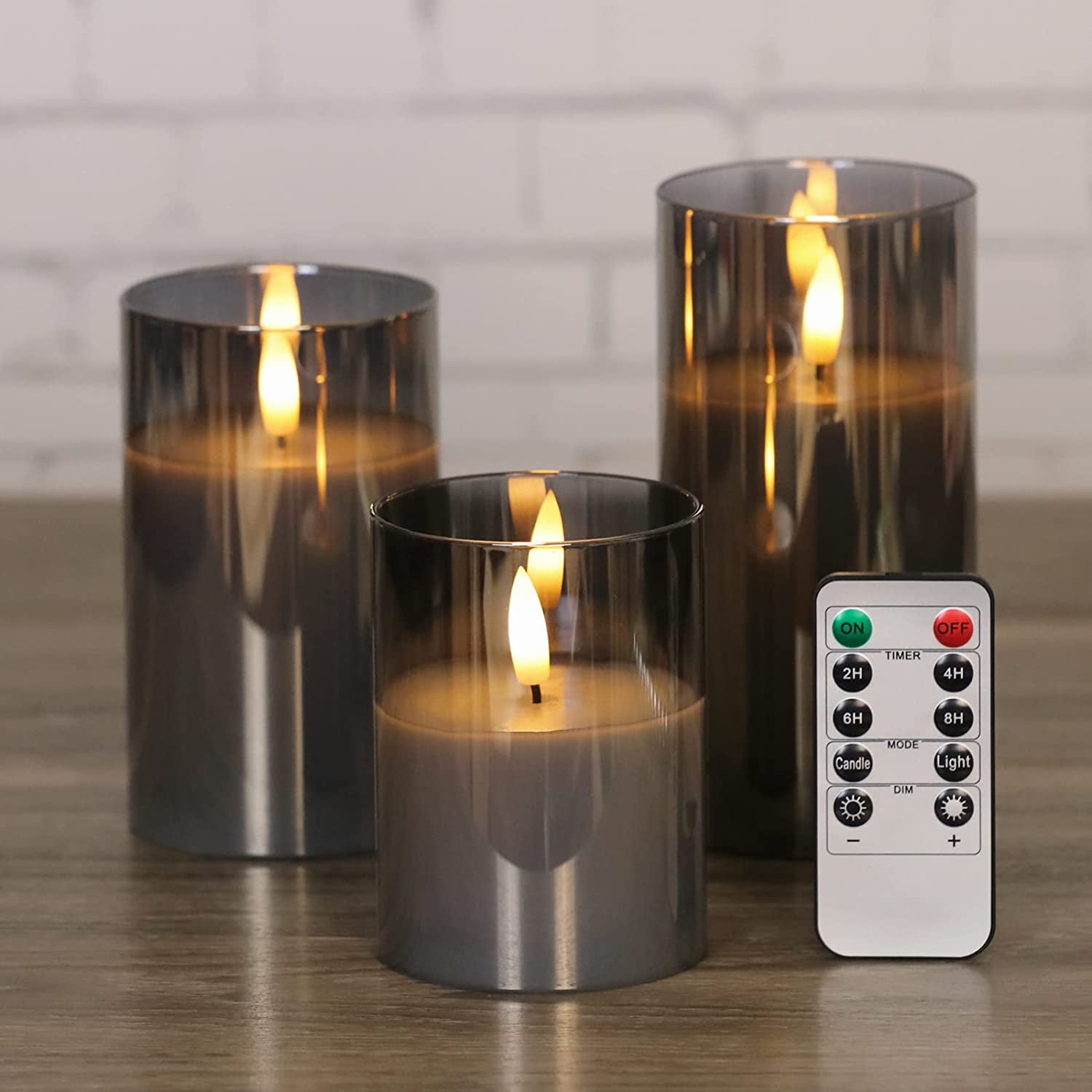 Set of 3 Gray Glass Flameless Candles with Remote Real Wax Battery