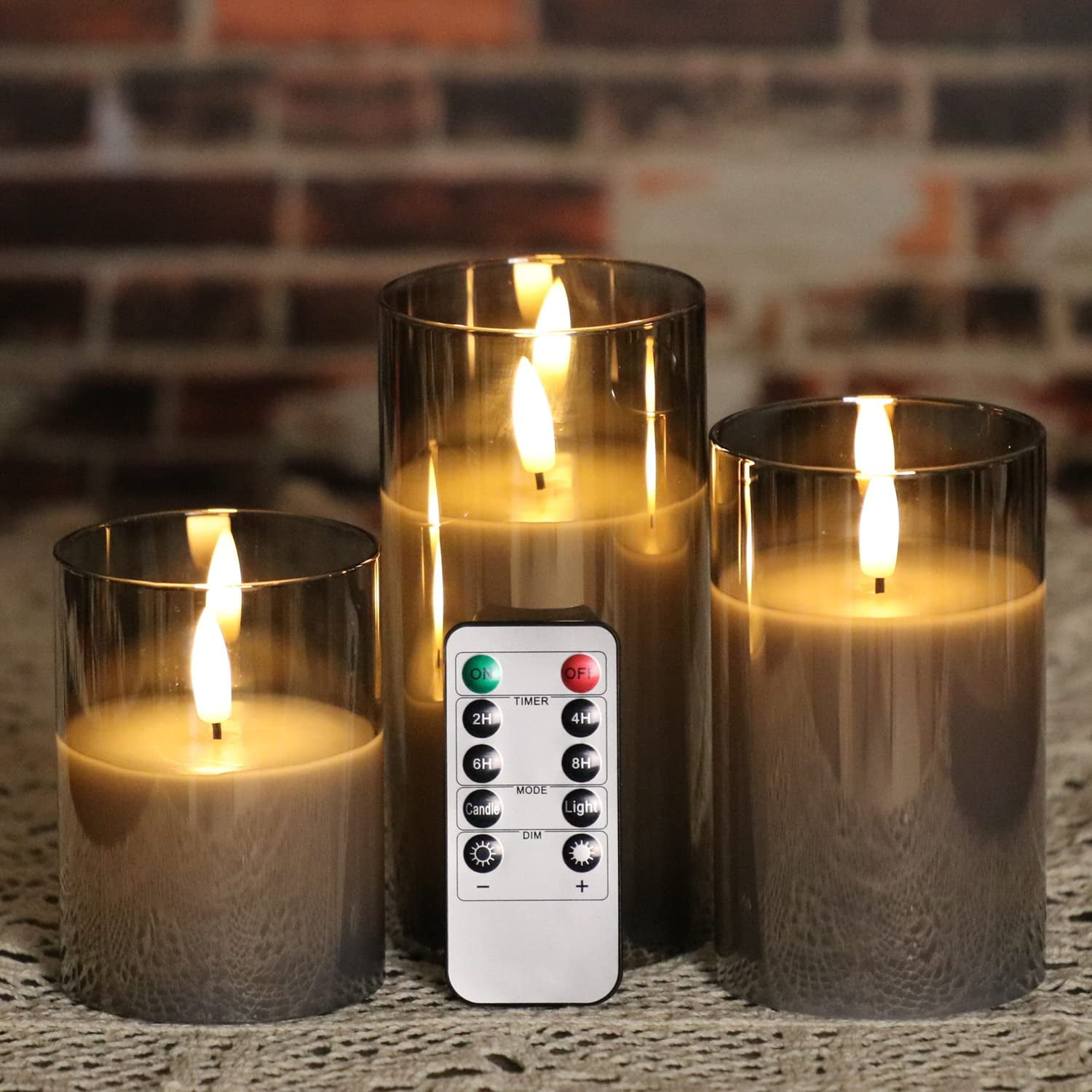 Set of 3 Gray Glass Flameless Candles with Timer and Remote