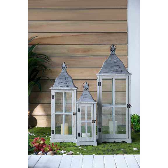 Set of 3 Gray Wood, Metal, and Glass Window Scape Lanterns