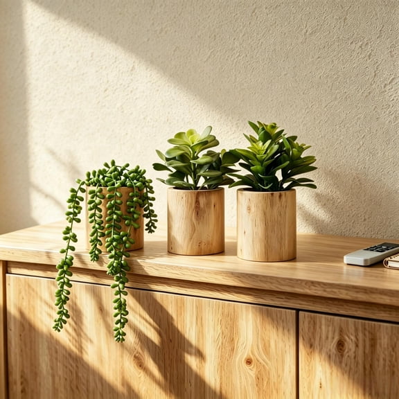 Set of 3 Green Plant in Wooden pots,Artificial Fake Succulents,Mini Fake Plants,for Office,Home Decor,Garden,Outdoor,Indoor Jahe Artisan