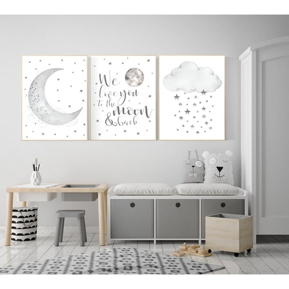 Set of 3 Grey Moon and Stars Nursery Poster Set Gender Neutral Baby Room Wall Decor, Stretched Canvas