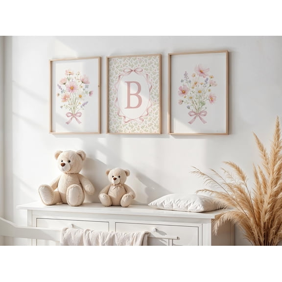 Cottagecore Nursery Wall Art Set of 3: Coquette Baby Girl Room Decor, Pink Floral Prints with Bow & Initial, Above Crib Art, Poster Only