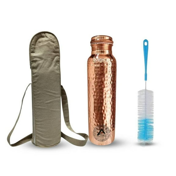 Set of 3 Hammered Pure Copper Water Bottle 950 ml, Cotton Carry Bag With Cleaning Brush Ayurveda Health Benefits