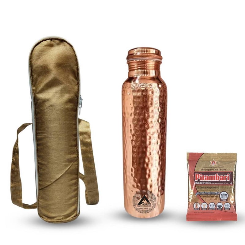 Set of 3 Hammered Pure Copper Water Bottle 950 ml, Dupion Carry Bag Pitambari For Ayurveda Health Benefits