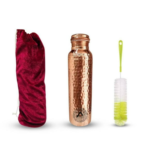 Set of 3 Hammered Pure Copper Water Bottle 950 ml, Velvet Carry Bag With Cleaning Brush Ayurveda Health Benefits