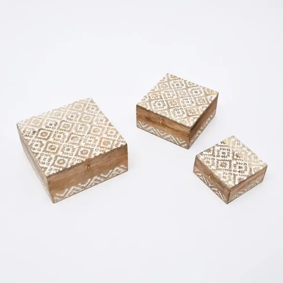 Set of 3 Hand Carved Mango Wood Nested Boxes, Natural Finish Decorative Storage
