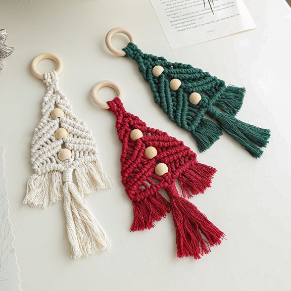 Set of 3 Handmade Macrame Christmas Tree Ornaments with Wooden Beads and Rings Boho Holiday Wall or Christmas Tree Decorations