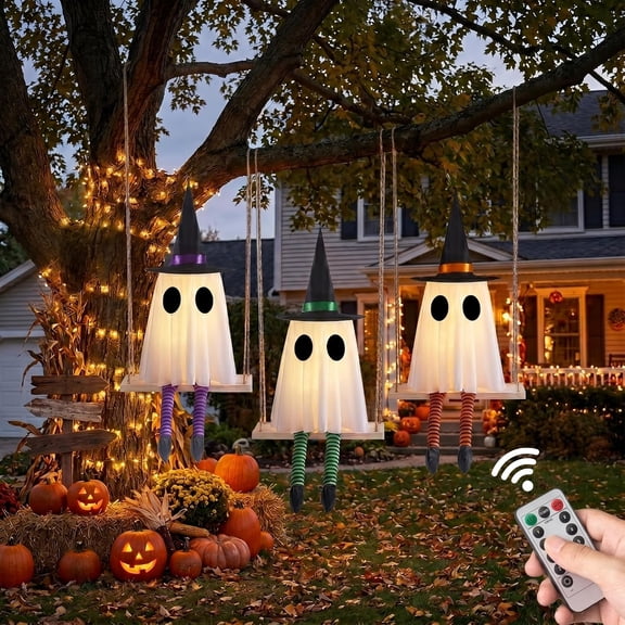 Set of 3 Hanging Swing Ghost Halloween Ghost Decor | Timer Function, Remote Control, Waterproof, Solid Wood