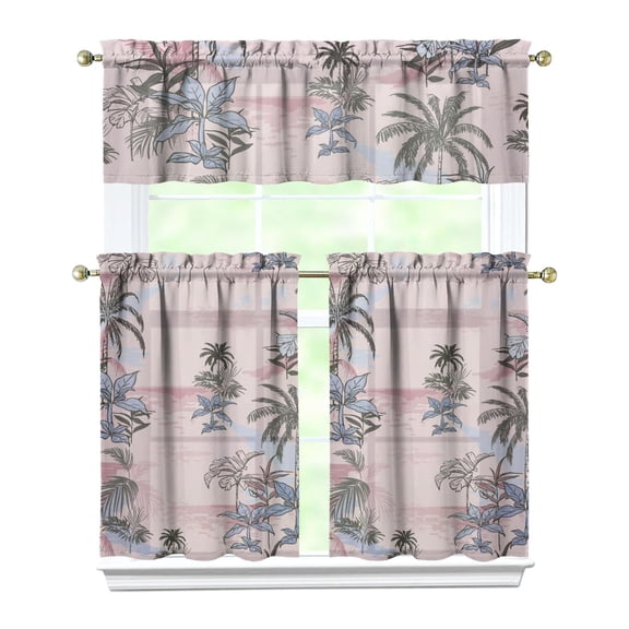 Set of 3 Hawaiian Tropical Island Kitchen Curtains - Exotic Palm Tree Design with Valance & Tier Panels for Beach Vacation Home Decor