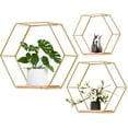 thumbnail image 1 of Set of 3 Hexagon Wall Shelf  Shelves, Metal and Wood Floating Shelf Wall Storage Organizer for Kitchen Shelf, Bathroom, Bedroom, Gold, 1 of 7