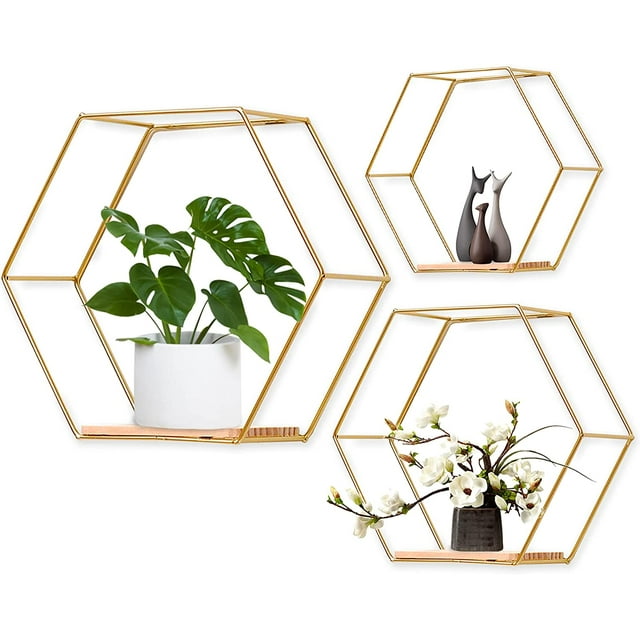 Set of 3 Hexagon Wall Shelf  Shelves, Metal and Wood Floating Shelf Wall Storage Organizer for Kitchen Shelf, Bathroom, Bedroom, Gold