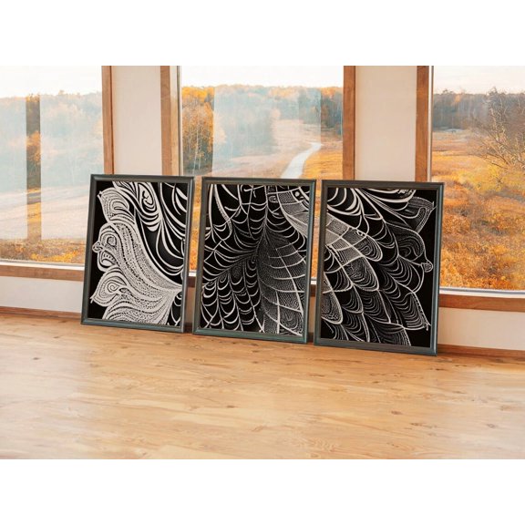 Set of 3 High Contrast Wall Art, Black Background Mandala Triptych, Intricate White Line Decor, Bold Monochrome Gallery Set, Poster Only