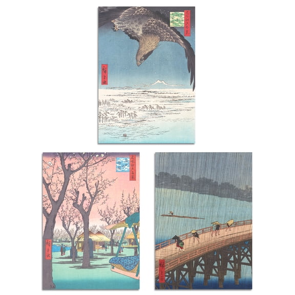 Set of 3 Hiroshige Views of Edo Blue Green Japanese Wall Art Prints A4 Size Living Room Decor