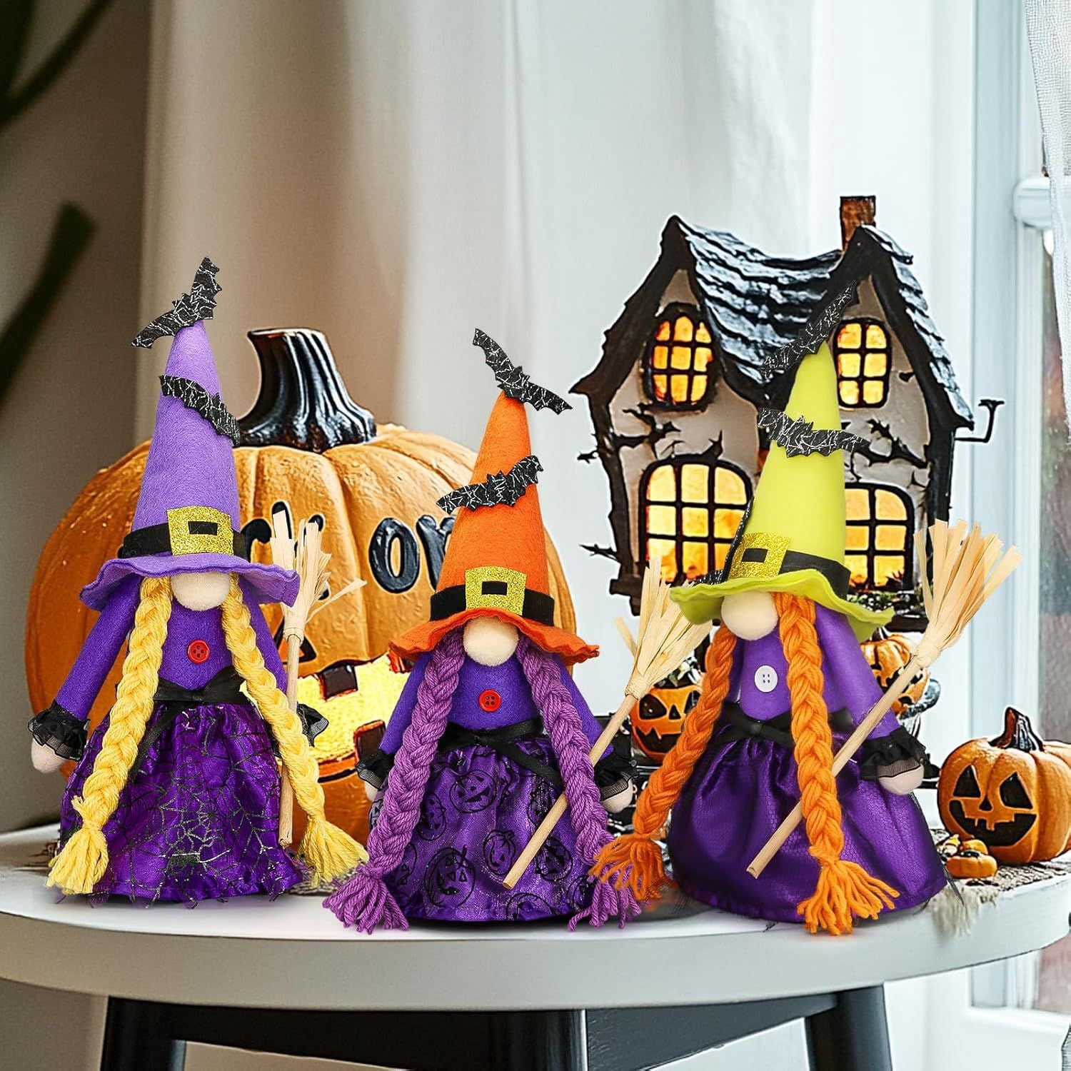 Set of 3 Hocus Pocus Witch Gnomes with Brooms for Rustic Halloween Decor