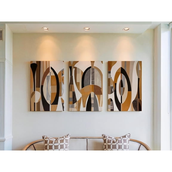 Set of 3 Housewarming Gift Art Prints, Mid Century Boho Triptych, Geometric Arch Decor, Warm Earth Tone Gallery Set for Home, Stretched Canvas