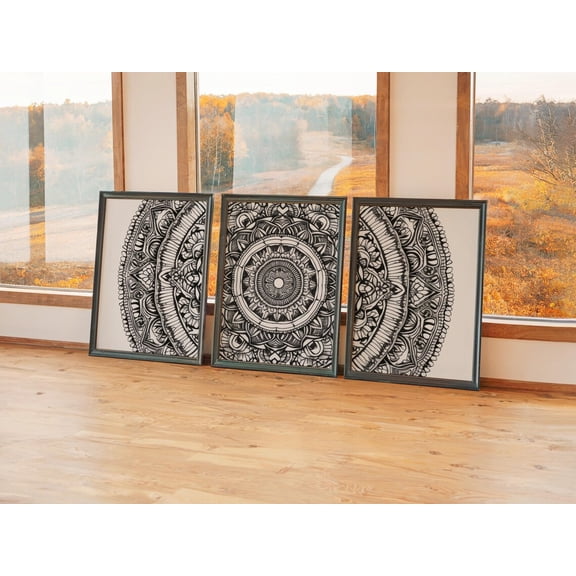 Set of 3 Hypnotic Mandala Wall Art, Intricate Labyrinth Triptych Prints, Black & White Zen Decor, Geometric Gallery Set, Stretched Canvas
