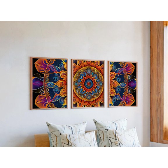 Set of 3 Hypnotic Mandala Wall Art, Luminous Floral Triptych Prints, Ornate Geometric Decor, Meditative Gallery Set, Poster Only