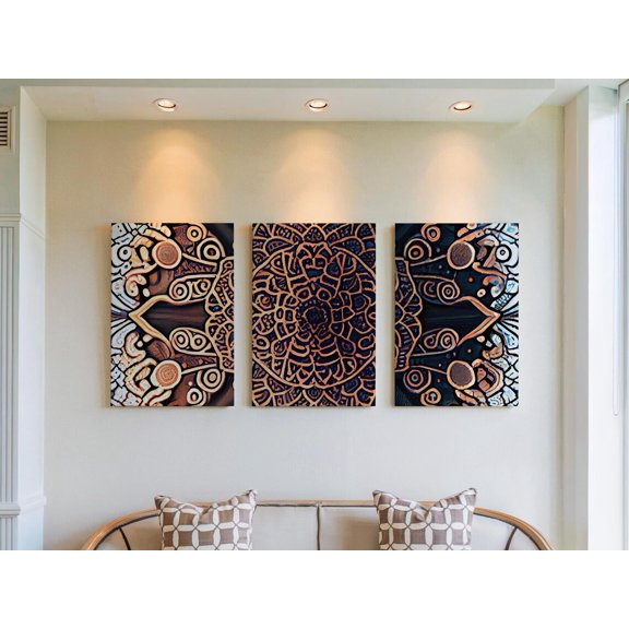 Set of 3 Hypnotic Mandala Wall Art, Precise Geometric Triptych Prints, Fluid Spiritual Decor, Meditative Floral Gallery Set, Stretched Canvas