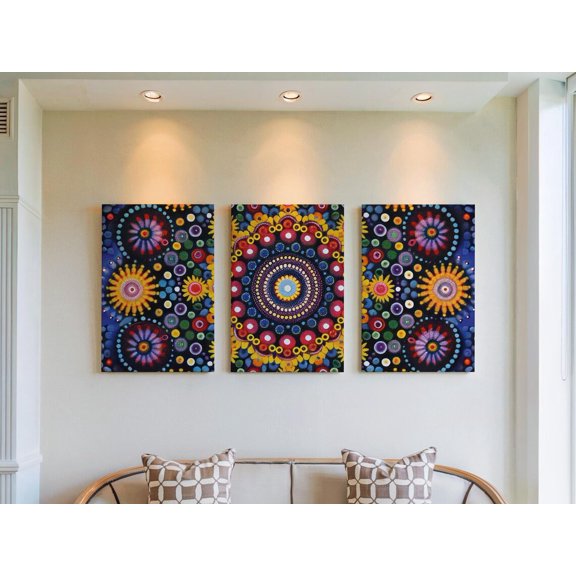 Set of 3 Hypnotic Solar Wall Art, Radiant Energy Mandala Triptych Prints, Meditative Floral Decor, Vibrant Spiritual Home Gallery Set, Poster Only