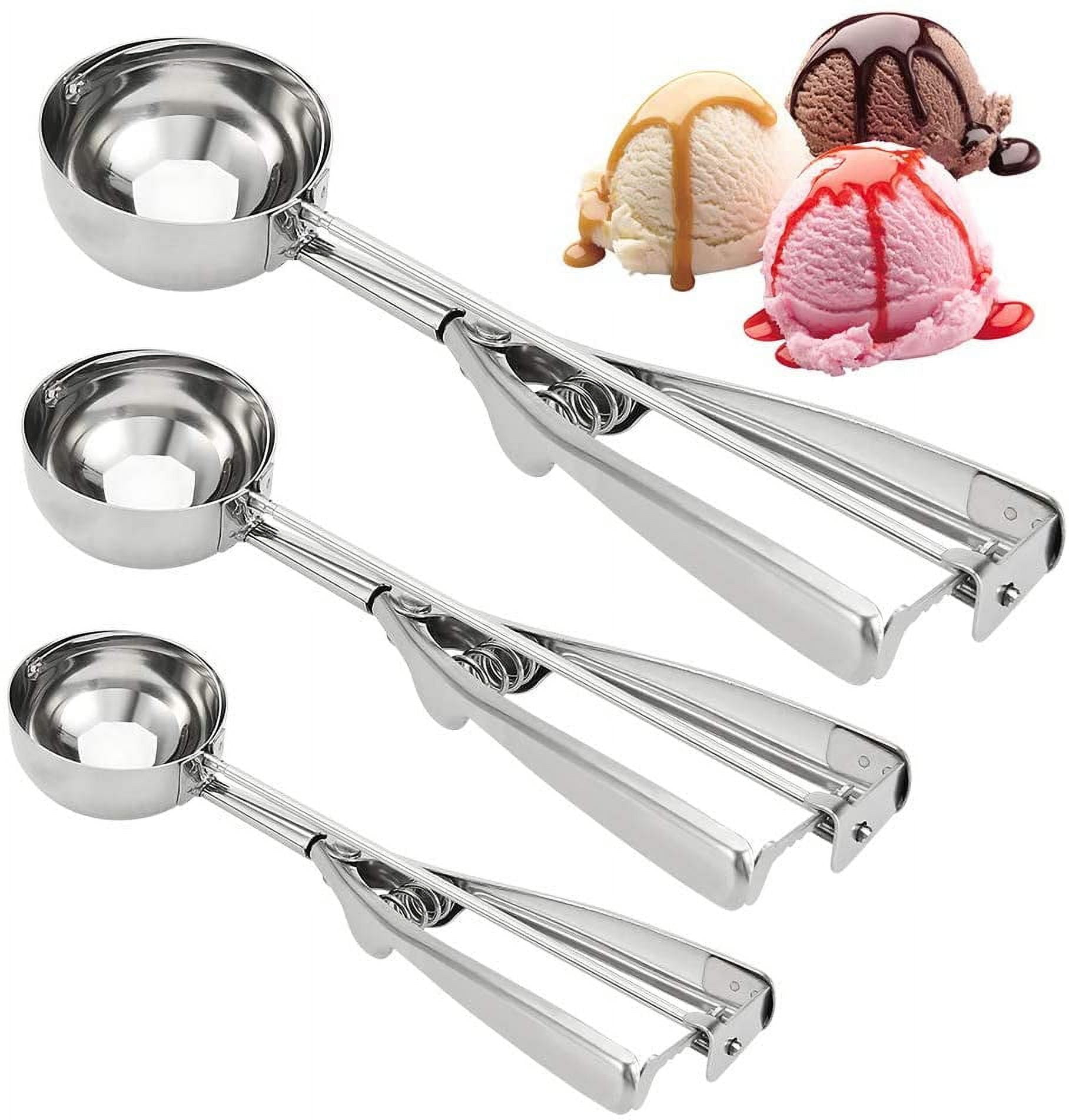 Set of 3 Ice Cream Scoop Stainless Cookie Scooper for Ice Cream Mash Food  Spoon Kitchen Ball (3 Sizes)